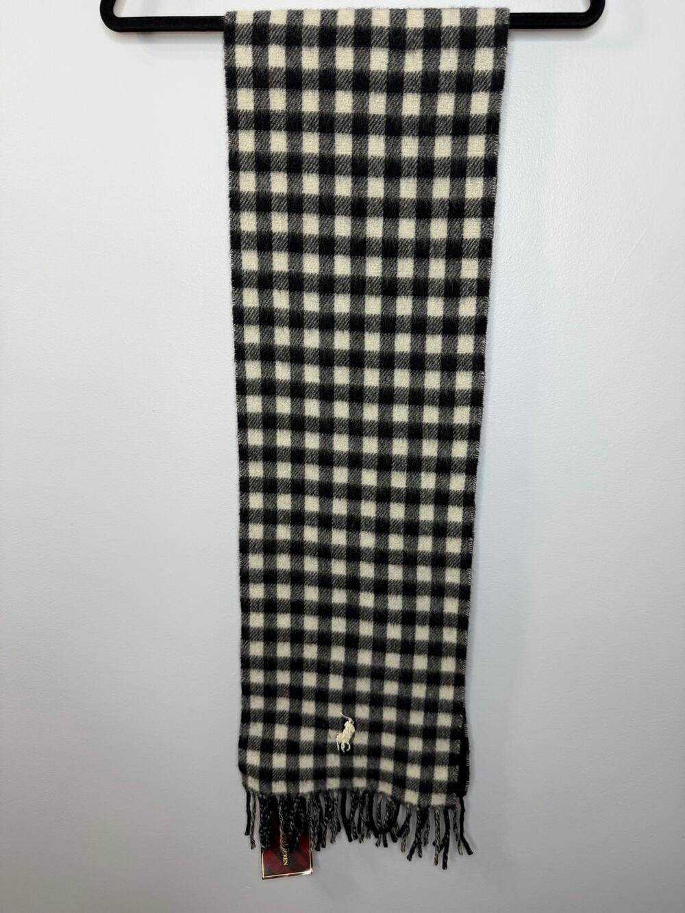 Polo Ralph Lauren Lamb Wool bBlack White Gingham Plaid Fringe Scarf New